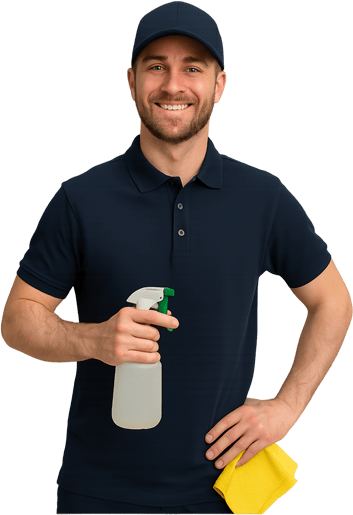 Employé souriant en tenue bleue tenant un pulvérisateur et un chiffon jaune, prêt à effectuer un nettoyage.